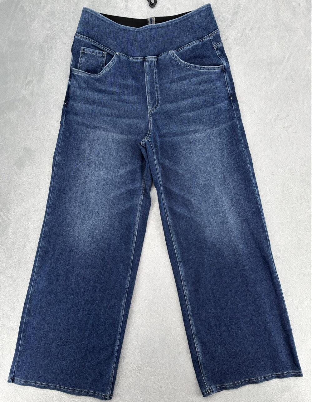 Halara Jeans Womens M Blue Wide-Leg High Rise Elastic Waist Pockets Stretch Boho